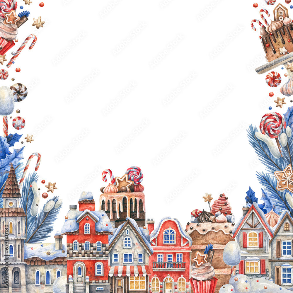 Square frame with cakes, Christmas sweets, snow houses, Christmas tree branches. Watercolor Christmas illustration.