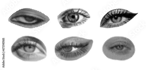 Set of halftone diferent female eyes. Dots texture. Contemporary style