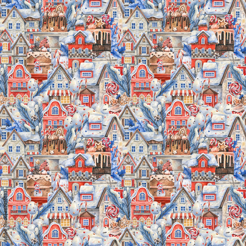 Christmas seamless pattern with snow-covered European houses. Watercolor illustration winter houses background.