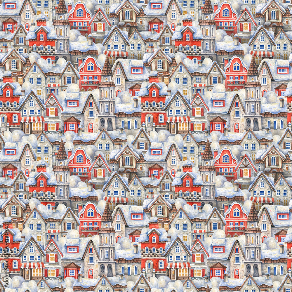 Winter houses covered with snow seamless pattern. European vintage houses in the snow, festive, winter background.