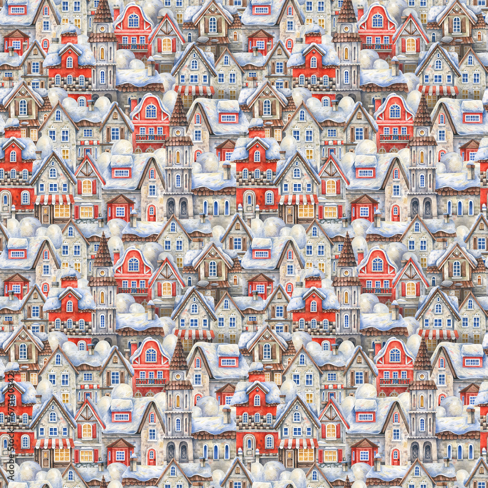 Obraz premium Winter houses covered with snow seamless pattern. European vintage houses in the snow, festive, winter background.