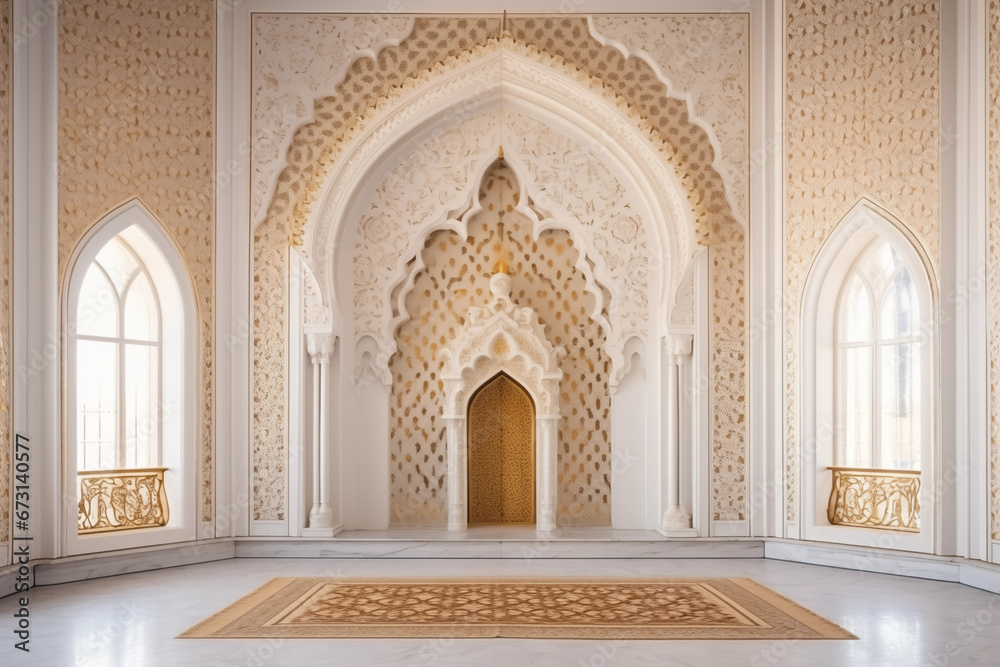 A beautifully decorated mosque mihrab, symbolizing the focal point of prayer and devotion, creativity with copy space