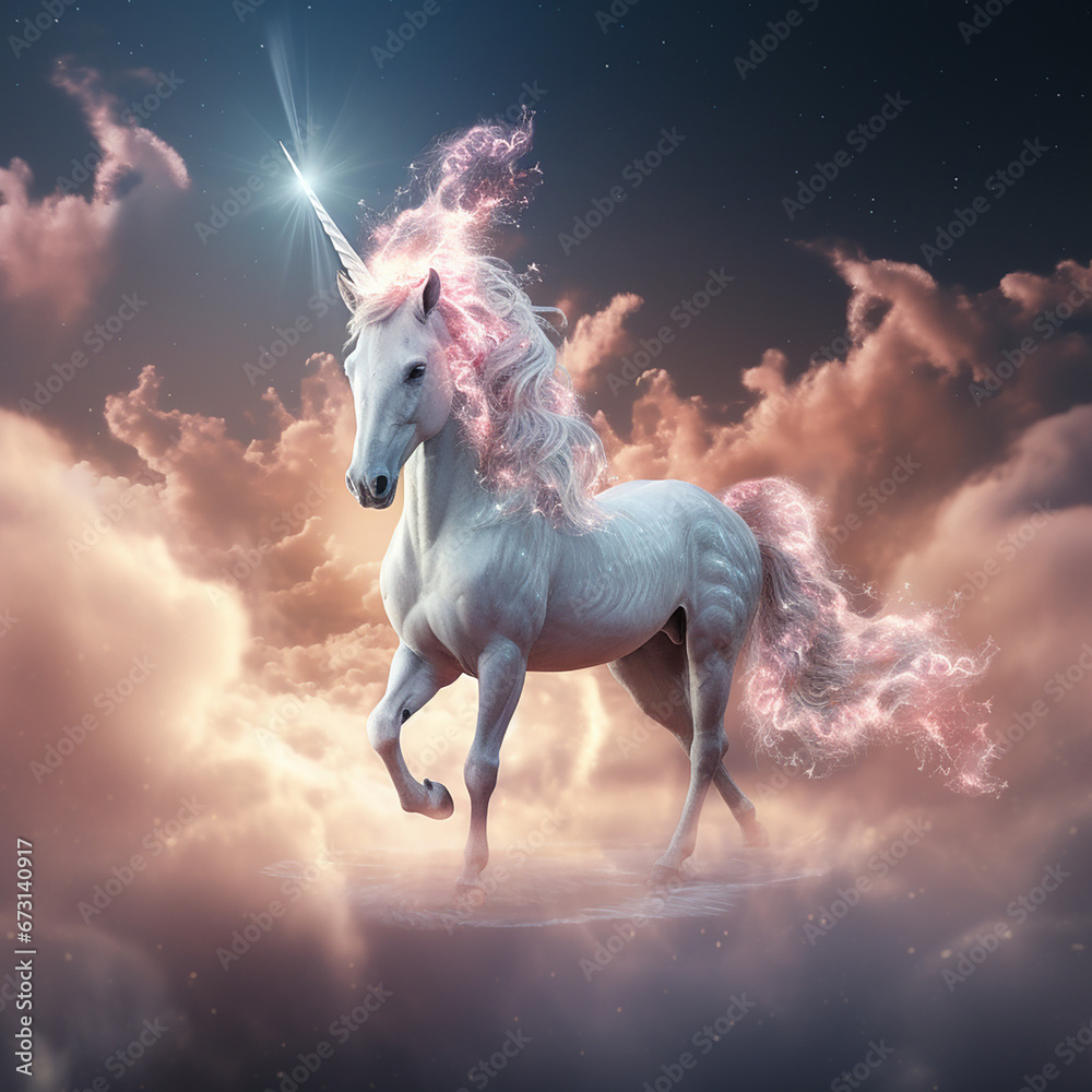 Naklejka premium a Bright and beautiful Unicorn glowing in heaven created with Generative Ai