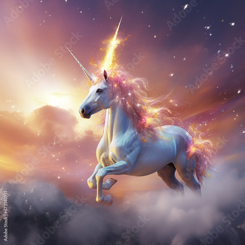 a Bright and beautiful Unicorn glowing in heaven created with Generative Ai