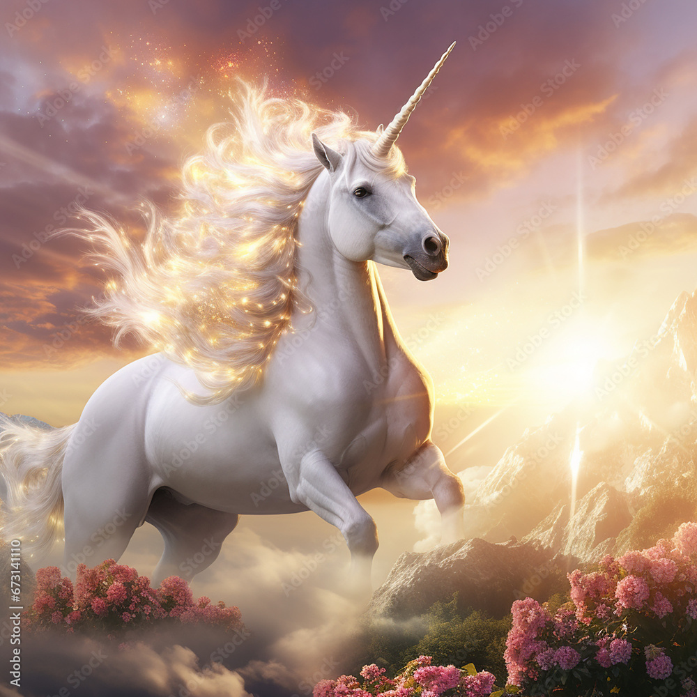 a Bright and beautiful Unicorn glowing in heaven created with Generative Ai