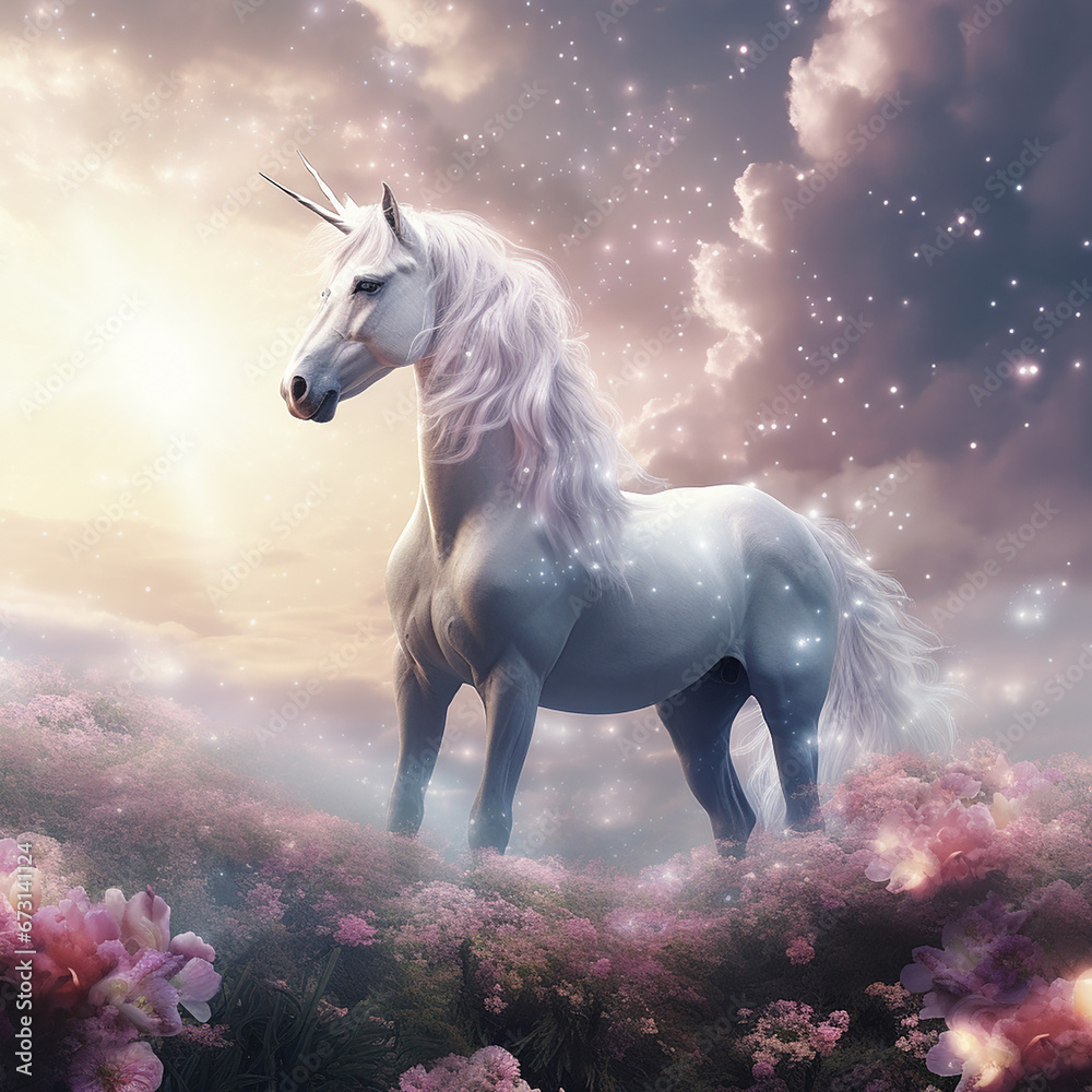 a Bright and beautiful Unicorn glowing in heaven created with Generative Ai