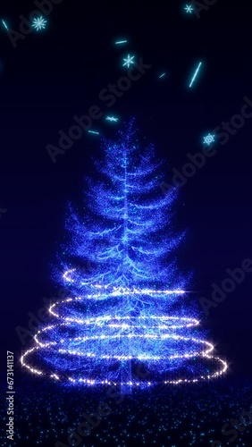 聖夜に舞う雪と光の粒子が煌めくクリスマスツリーのモーションイメージ / 縦構図動画 / 3Dレンダリング / A motion image of snow falling on a holy night and a Christmas tree sparkling with light particles.