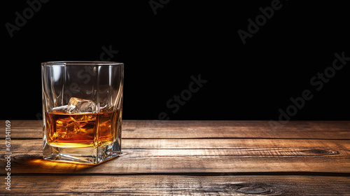 glass of whiskey on a wooden table against black background