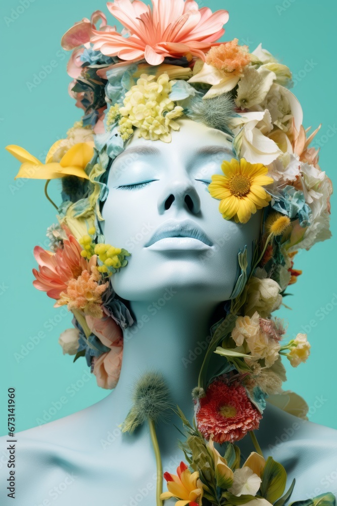 Artificial female head with flowers in her hair on blue background.