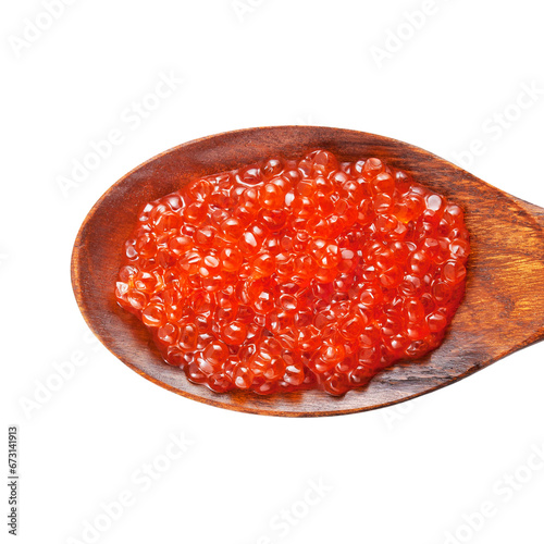 Red caviar on a wooden spoon on a transparent background. View from above. PNG.
