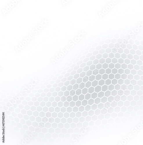 Rounded white hexagon grid pattern on light gray shape on white background. Technology, connection and data concept. High resolution full frame abstract and modern background with copy space.