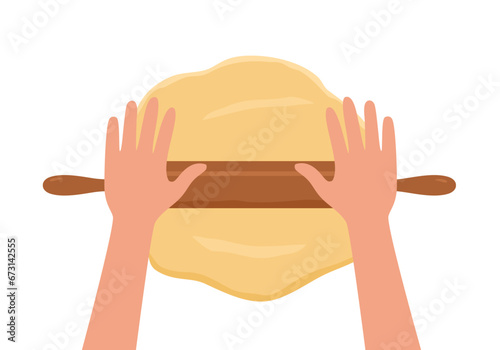 Hands rolling dough with rolling pin for baking, pizza, cookie, biscuit, bread in flat design on white background.