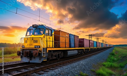 A Bright Yellow Train Journeying Along the Tracks Under a Dramatic Cloudy Sky