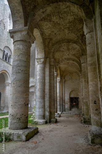abbaye Saint Pierre de Jumi  ges  hiver dans la brume  fond  e en 654  76  Jumi  ges  Normandie  Seine Maritime  France