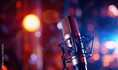Close-Up of a Microphone with Vibrant  Bokeh Lights in the Background