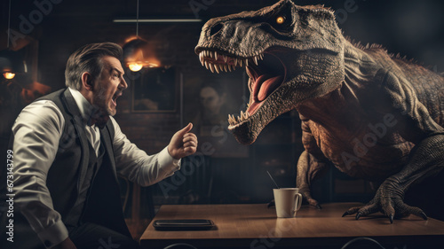 Man arguing with young tyrannosaurus. Having a dispute with dinosaur. Pissed off business man shouting and feeling furious. Annoyed  frustrated and angry.