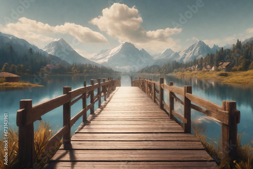 Beautiful empty wooden bridge over a lake with mountains, trees and a blue sky, generative ai
 photo