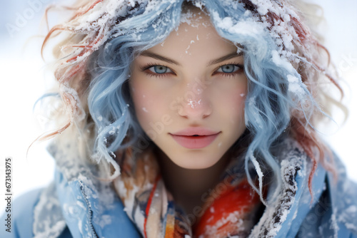 Close-up of a beautiful young winter woman with snowy hair on a light background. The Snow Queen in Vogue style