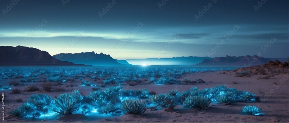 Wide-angle panorama of a twilight landscape on an alien planet with bioluminescent vegetation against a backdrop of mountains and a beautiful sky.