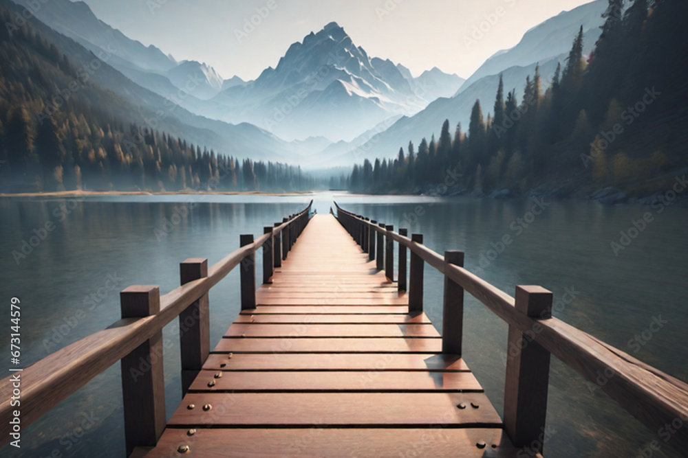 Beautiful empty wooden bridge over a lake with mountains, trees and a blue sky, generative ai
