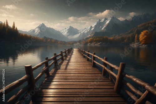 Beautiful empty wooden bridge over a lake with mountains, trees and a blue sky, generative ai
