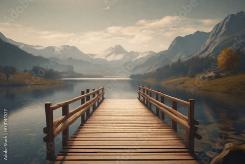 Beautiful empty wooden bridge over a lake with mountains, trees and a blue sky, generative ai
