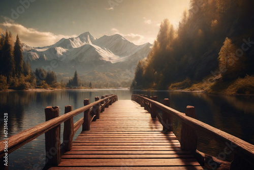 Beautiful empty wooden bridge over a lake with mountains, trees and a blue sky, generative ai
