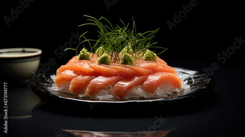 Japanese Smoked Salmon in Plate on Blurry Background