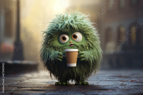 A sad tiny cute fluffy alien monster early in the morning, feeling tired and wanting to sleep. With a coffee photo