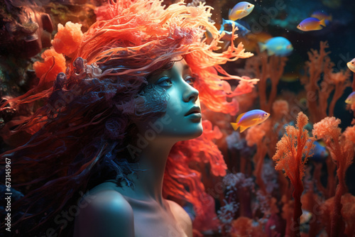 Portrait of a beautiful mermaid under the water surrounded by water and life © Madrugada Verde