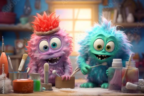 Group of cute little baby alien monsters working and crafting. Colorful monster aliens children in a workshop. Generative AI illustrations	
