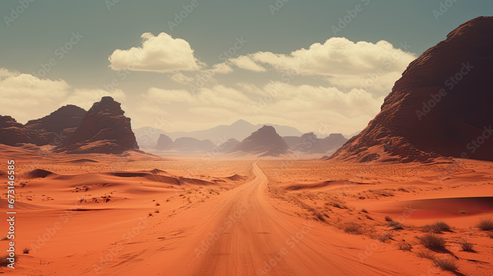 empty road in desert, sand dunes in the desert, Landscape view of dusty road desert