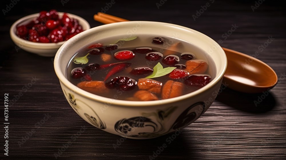 Chinese Soup with Red Dates Codonopsis Pilosula Licorice on Blurry Background Chinese Soup with Red Dates Codonopsis Pilosula Licorice on Blurry Background