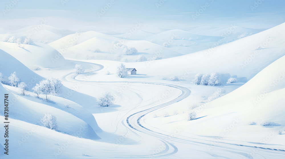 a snowy road through a winter snowy mountain side