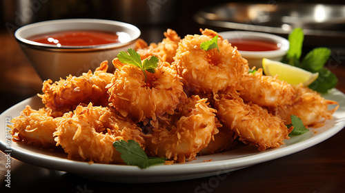 A Plate of Crispy and Flavorful Coconut Shrimp with a Sweet Chili Dipping Sauce on Blurry Background