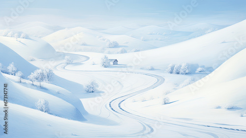 a snowy road through a winter snowy mountain side