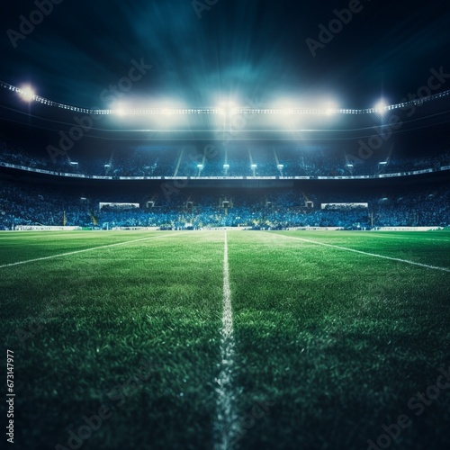 Green Glory: Close-Up Shot Captures the Majestic Soccer Stadium Turf under Lights.