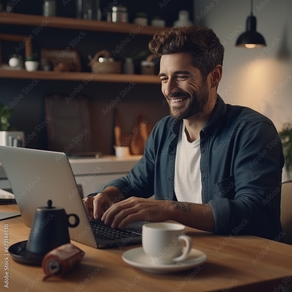 
Happy male professional having coffee while working on laptop at home or office
