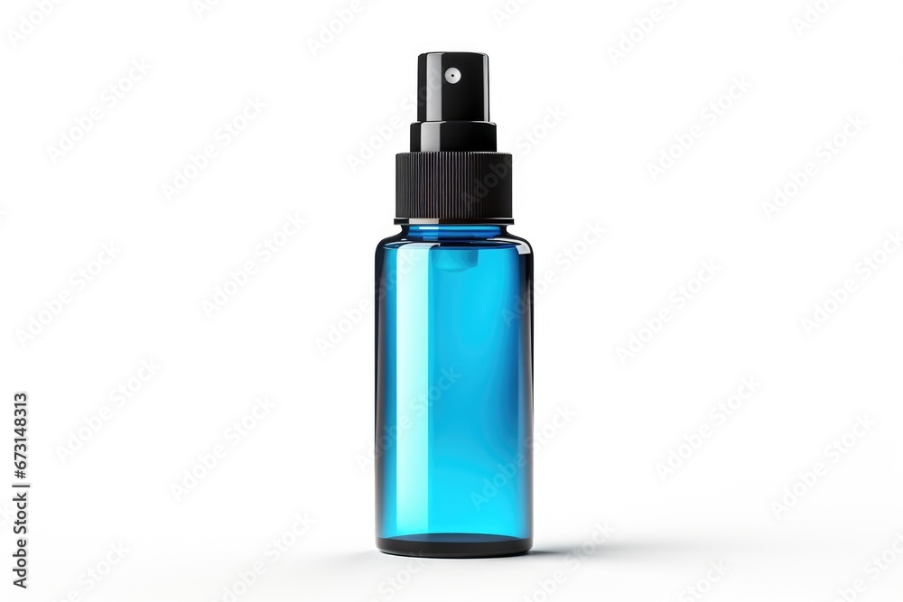 blue plastic spray bottle mockup, small liquid container with atomizer pump, white background blue plastic spray bottle mockup, small liquid container with atomizer pump, white background