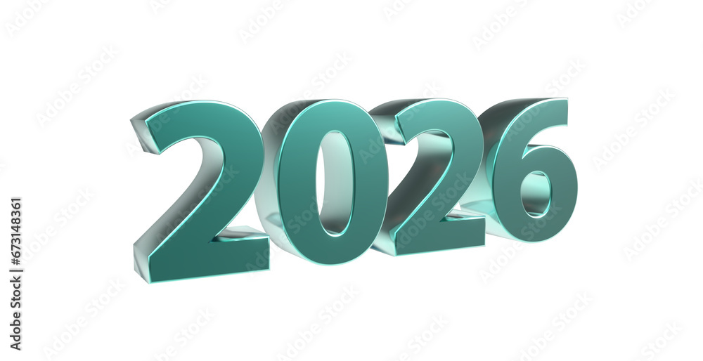 2026 plakative metallische türkise 3D-Schrift, Jahreszahl, Kalender, Perspektive, Nummer, Jubiläum, Neujahr, Jahreswechsel, Freisteller, Alphakanal