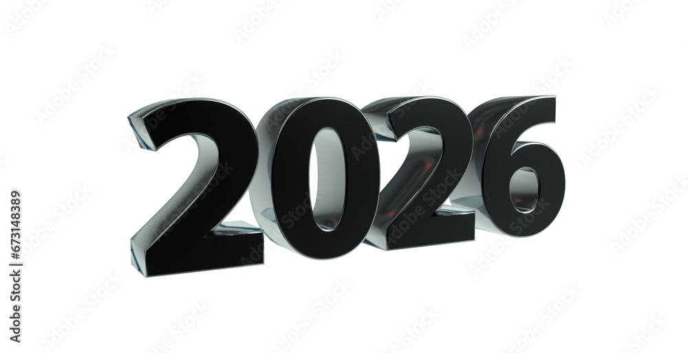 2026 plakative metallische schwarze 3D-Schrift, Jahreszahl, Kalender ...