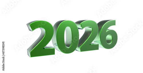 2026 plakative metallische grüne 3D-Schrift, Jahreszahl, Kalender, Perspektive, Nummer, Jubiläum, Neujahr, Jahreswechsel, Freisteller, Alphakanal