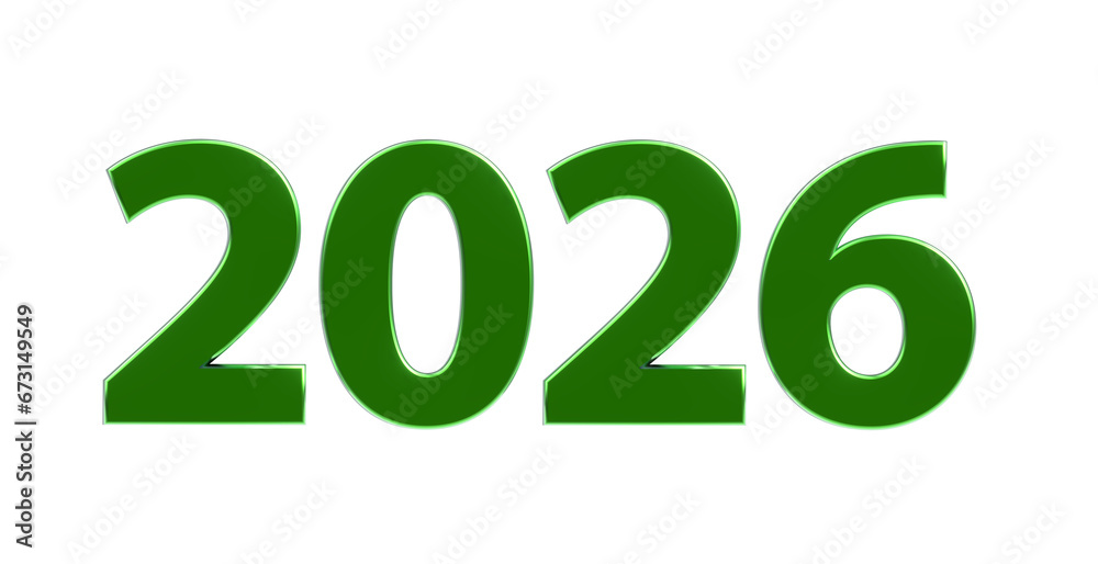  2026 plakative metallische grüne 3D-Schrift, Jahreszahl, Kalender Bildidee 