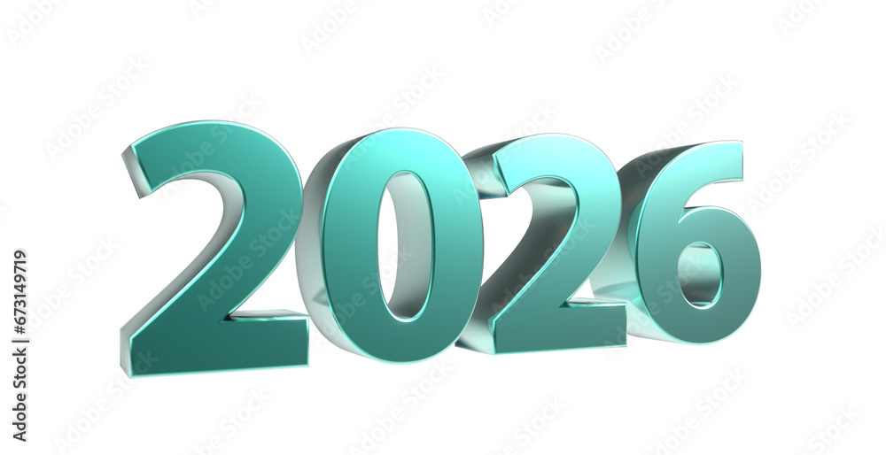 2026 plakative metallische türkise 3D-Schrift, Jahreszahl, Kalender, Perspektive, Nummer, Jubiläum, Neujahr, Jahreswechsel, Freisteller, Alphakanal