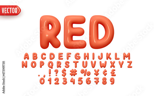 Red Font realistic 3d design. Complete alphabet and numbers from 0 to 9. Collection Glossy letters in cartoon style. Fonts voluminous inflated from balloon. Vector illustration