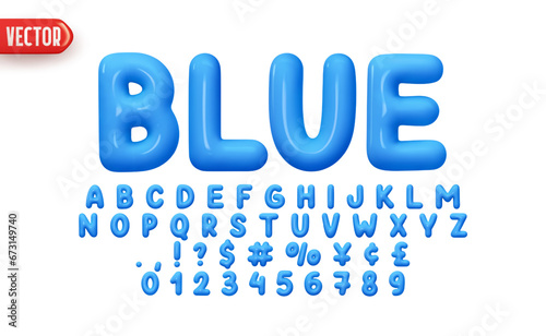 Blue Font realistic 3d design. Complete alphabet and numbers from 0 to 9. Collection Glossy letters in cartoon style. Fonts voluminous inflated from balloon. Vector illustration