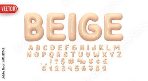 Beige Font realistic 3d design. Complete alphabet and numbers from 0 to 9. Collection Glossy letters in cartoon style. Fonts voluminous inflated from balloon. Vector illustration