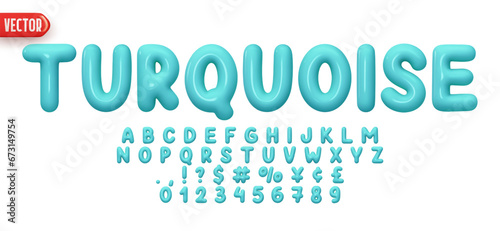 Font realistic 3d design, turquoise colors. Complete alphabet and numbers from 0 to 9. Collection Glossy letters in cartoon style. Fonts voluminous inflated from balloon. Vector illustration