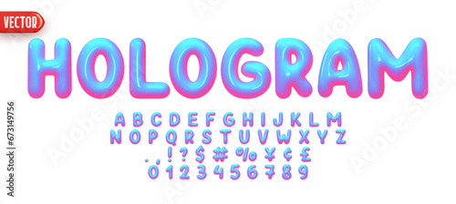 Font realistic 3d design, hologram gradient colors. Complete alphabet and numbers from 0 to 9. Collection Glossy letters in cartoon style. Fonts voluminous inflated from balloon. Vector illustration
