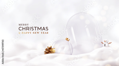 Fotografia Christmas winter background in transparent glass snow dome inside empty, lies in snowdrift